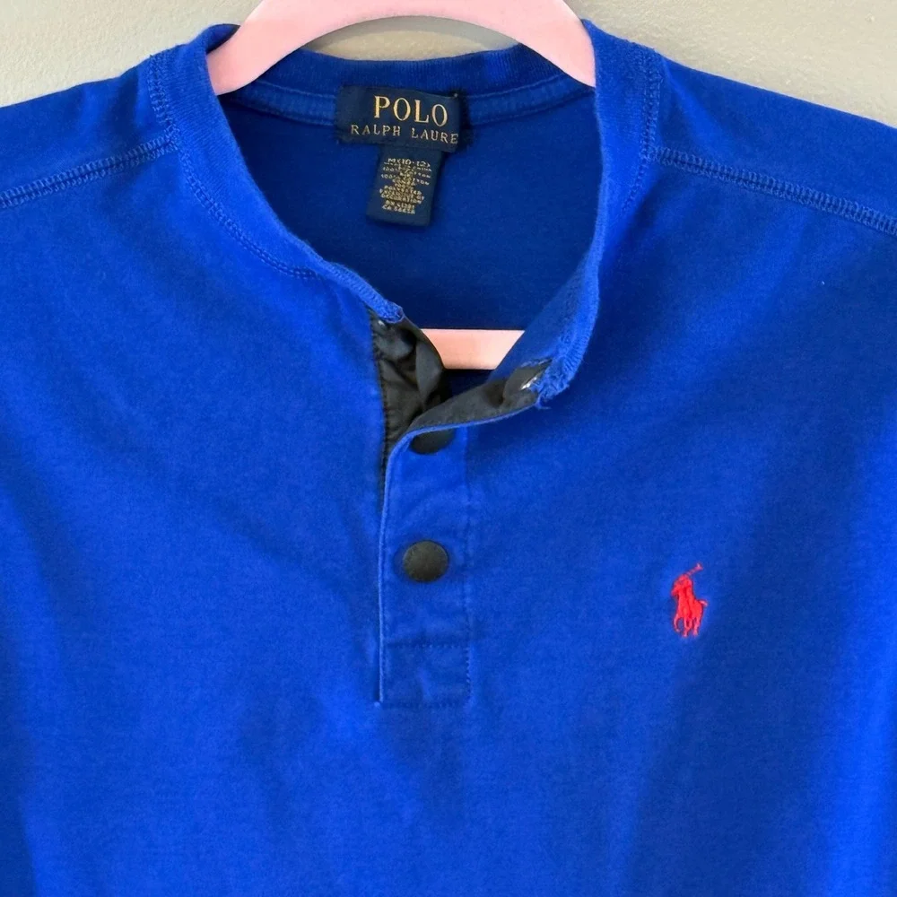 Polo Ralph Lauren Boys Royal Blue Henley Shirt Long Sleeve Elbow Patches M 10-12 - Picture 2 of 6